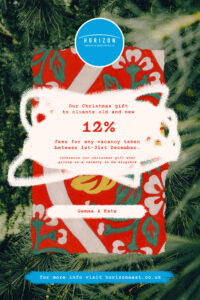 Pine tree background with a red, white, yellow and green foreground. On the foreground is the text describing our offer of low recruitment fees for the month of Deember.